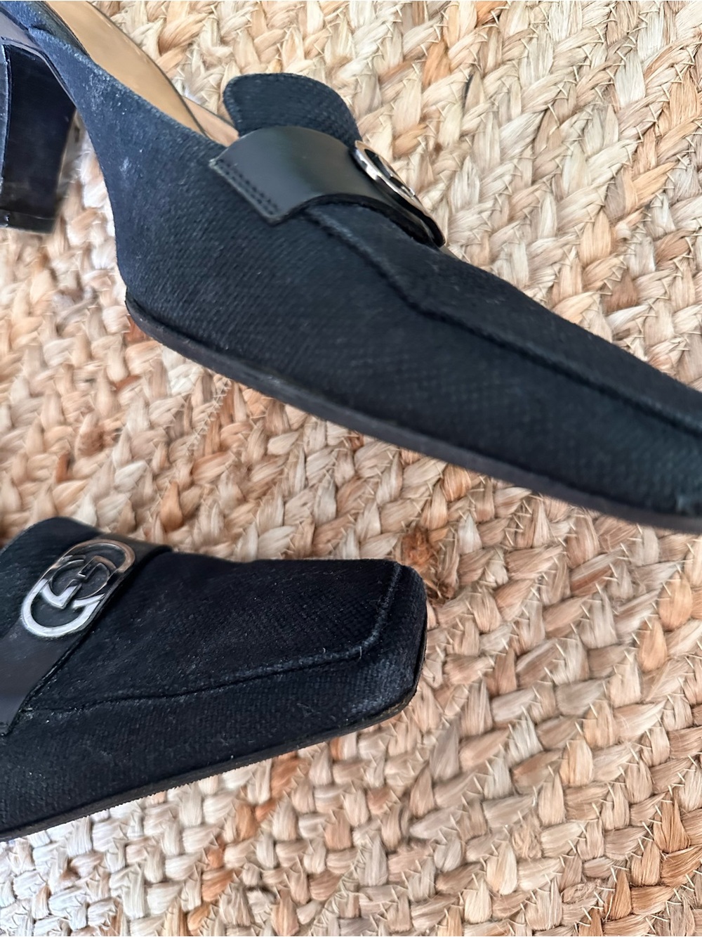 GUCCI Black Canvas + Leather Square Toe Heel-Silver GG Metal Monogram Size 10 - Picture 6 of 8